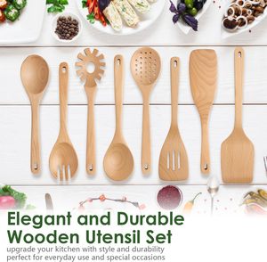 Spatule en bois en gros pour la cuisine, ensemble de 8 ustensiles de cuisine en bois de hêtre naturel pour la cuisine, le mélange et le service - Product Image 4