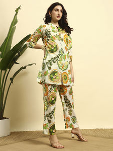 ชุดคุर्ติผ้าฝ้ายพรีเมียมลายดอกไม้สำหรับฤดูร้อนแบบผ่าข้างสั้น พร้อมกางเกงปาลาซโซสำหรับผู้หญิง |   ผ้าที่ระบายอากาศได้ดี |   ชุดลำลองและชุดพื้นเมือง - Product Image 2