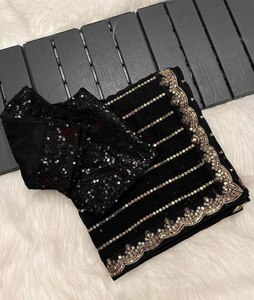 Hermoso color negro rico fiesta y función desgaste suave Georgette tela hilo de secuencia múltiple trabajo peso ligero elegante Saree - Product Image 5