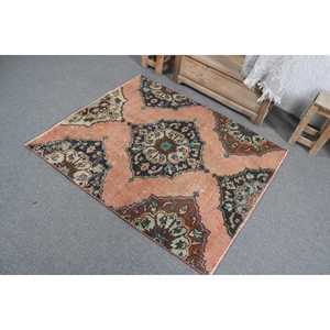 Vintage Accent Rug, 3.6x4.2 ft Turkish Rug, <b>Brown</b> Floral <b>Wool</b> Rug - Product Image 4