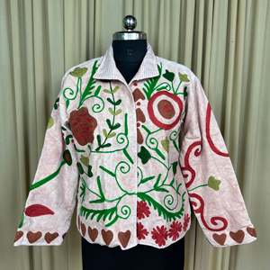 Boho Chic Retro Chic Women's Free Size <b>Jacket</b> Hand Embroidered <b>White</b> Floral Velvet Suzani Open Front Winter Coat with Robe Style - Product Image 1