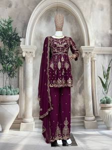 Presentando el nuevo diseñador Faux Georgette hilo de seda con Secuencia bordado trabajo Kurti y Palazzo con encaje en el borde Dupatta - Product Image 4