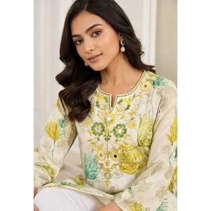 Túnica Informal de Uso Diario para Mujer, Transpirable, de Algodón Tejido, con Estampado Floral Blanco, Cuello Joya, Cintura Holgada, Estilo Étnico Kurta - Product Image 2