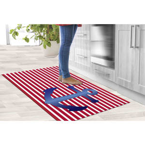Alfombra Náutica con Diseño de Ancla: Alfombra Interior a Rayas Rojas y Blancas, Alfombra de Chenilla - Product Image 3