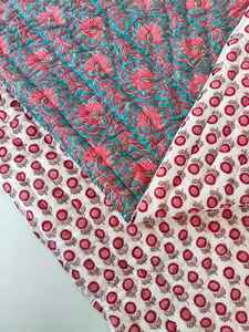 Floral Hand Block Print Queen Size Cotton <b>Quilt</b> Jaipuri Razai Warm Winter <b>Blanket</b> - Product Image 6