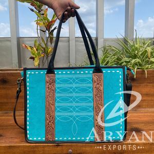 Nouveau sac fourre-tout à bandoulière en cuir suédé Turquoise usiné à la main sac fourre-tout en cuir véritable dissimulé sac à main pour femmes - Product Image 1
