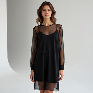 Tops cortos transparentes para mujer, Tops transparentes con diamantes de imitación para mujer, Tops sexis de malla transparente y manga larga con cuello redondo para mujer - Product Image 2