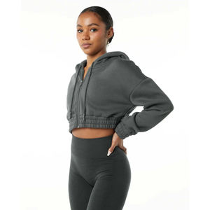 Sweat à capuche court classique pour femme, 55% coton, 45% élasthanne, style épaules tombantes, coupe ample, coupe courte, fumé avec broderie 3D - Product Image 3