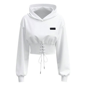 Dobladillo elástico deportes crop drop shoulder para mujer Sudadera con capucha entrenamiento gimnasio recortada sudaderas con capucha logotipo personalizado mujer Sudadera con capucha - Product Image 1