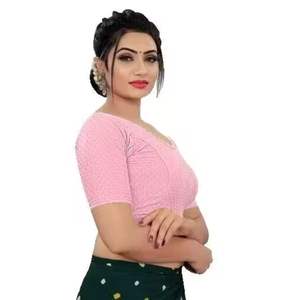 Baby <b>Pink</b> Stylish Stretchable Cotton Jacquard Blouse <b>Womens</b> Ready to Wear Stitched Saree Blouse for Best Price - Product Image 2
