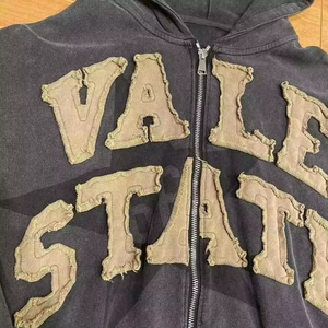 Zip up Cropped Distressed Applique Patch <b>Work</b> <b>Hoodies</b> <b>Men</b> Washed Custom Logo Embroidery - Product Image 5