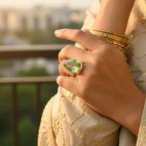 A Pear Cut <b>Peridot</b> 925 Silver Bezel Setting Minimalist Gemstone <b>Ring</b> Trendy Unisex Everyday Wear From Rajasthan - Product Image 3