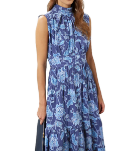 Elegant Women Casual <b>Summer</b> Blue Floral <b>Dress</b> with Short Sleeves Lightweight and Comfortable Everyday Outfit from India - Product Image 2