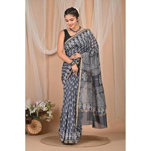 Hand Drawn Hand <b>Block</b> <b>Print</b> Chandri Silk Saree Banarasi Model Soft Bollywood Style Georgette Net Modal Heavy Fabric Unstitched - Product Image 1