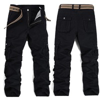 Großhandel Herren Mid-Waist Streetwear Umweltfreundliche Atmungsaktive 100% Baumwolle Cargo-Hose Gerade Geschnittene Canvas-Hose mit Mehreren Taschen Dunkel