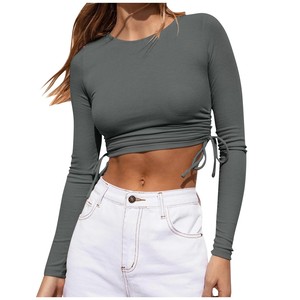 2024 nueva moda de mujer de manga larga de algodón Casual Crop Top transpirable verano Camiseta cómoda - Product Image 3