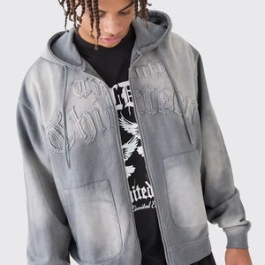 Vente en gros de sweats à capuche avec fermeture éclair unisexe avec logo personnalisé pour hommes, avec broderie abîmée au soleil sur la poche avant - Product Image 1