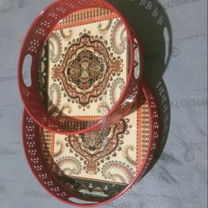 Bandeja de servicio de metal para utensilios de cocina Forma redonda Plata Acabado antiguo Etiqueta de animal Bandeja de impresión para comida y vino Servido por FWE - Product Image 1