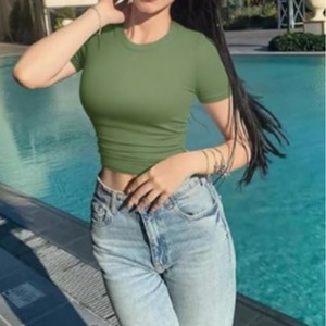 Top donna extratese Cross-border Spice All-match a maniche corte girocollo plissettato elasticizzato in maglia corta Slim-fit - Product Image 3