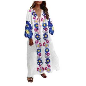 Nuevo estilo bohemio de la mujer vestidos con cuello en V de flores bordado de las mujeres de manga completa vestido Maxi, Vestido de playa, - Product Image 1