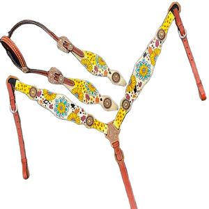 Elegante juego de riendas occidentales de Cuero 100% con girasol pintado a mano, logotipo personalizado, cuello de pecho, accesorio de coraza - Product Image 1