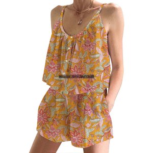 New Arrival Hand Block Floral Print Shorts <b>Pajama</b> Set Spring/<b>Summer</b> Floral Fitted Strappy Sleeveless PJ Set - Product Image 2
