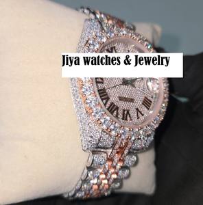 Montre de luxe en acier inoxydable sertie de diamants Moissanite, style romain, fonction date analogique, mouvement mécanique Miyota, verre serti de pierres. - Product Image 5