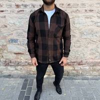 Erkekler Smart Casual Overshirt saten uzun kollu çift göğüslü düğme ekose Shacket gömlek Streetwear giyim moda üst cepler