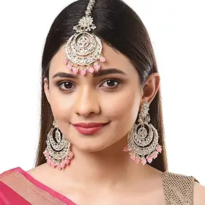 JMC – bijoux traditionnels Rhodium Kundan & Pearl Maang Tikka, ensemble de boucles d'oreilles pour femmes, filles, je porte la fête et aussi un cadeau pour les femmes