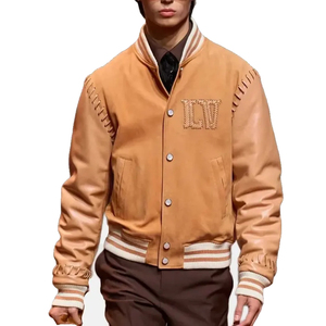 เสื้อแจ็กเก็ตเบลสันปักลายไฮสตรีทสำหรับผู้ชาย, เสื้อเบสบอลผ้าวูลสุดเท่หนังบอมเบอร์กันลมระบายอากาศได้ดี - Product Image 3