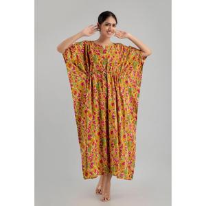 Robe longue ethnique jaune à imprimé floral, en pur coton, taille élastique, longueur genou, vêtements décontractés pour la journée - SHKUP1251 Tailles XS à XL - Product Image 1