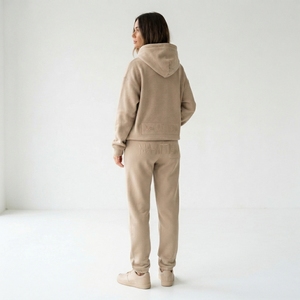 Womens Beige Cotton Fleece Hoodie Tracksuit <b>Set</b> Pullover Sweatshirt <b>Jogger</b> Pants <b>Matching</b> Casual Sportswear Loungewear - Product Image 2