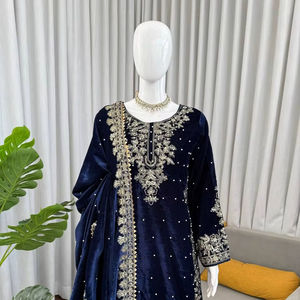 Viscose Velvet Heavy Coding With Sequence With Rivet Moti Work Top And Palazzo Lace Border Work Dupatta Designer Wedding Party - Product Image 1