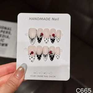 เล็บปลอม PMMA ทำมือ รุ่น C665 ทรงอัลมอนด์ ปิดเต็มเล็บ สไตล์ยุโรป ลายดอกไม้ โบว์ จุด สำหรับนิ้วมือ - Product Image 2