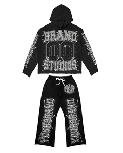 Fabricante de Sudaderas con Capucha y Pantalones Holgados con Cierre, Dobladillo sin Rematar, Lavado Ácido Desgastado y Pedrería, Venta al Por Mayor Personalizada - Product Image 5