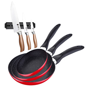 Set di 3 padelle San Ignacio con rivestimento in marmo 16 cm 20 cm 24 cm + Set di 3 coltelli in acciaio inox con supporto magnetico da parete - Product Image 1