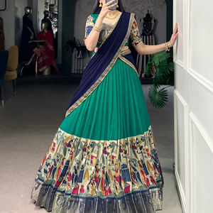 Estilo moderno Timeless PolyChanderi Lehenga con delicadas rayas ZariStripes mejoradas con impresiones KalamKari Productos de tendencia - Product Image 1