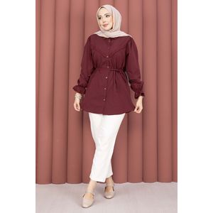 Blusa Casual de Popelina con Cordones para Mujer, con Detalle Vintage Fisto, Color Borgoña, Estilo Casual Diario, Corte Ajustado, Talla XL para Verano - Product Image 1