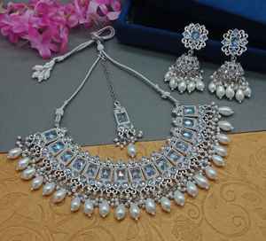 Ensemble de bijoux plaqué argent kundan traditionnel indien et ensemble de collier en cuivre pour femmes et filles accessoires indiens bijoux femmes - Product Image 4