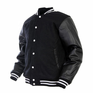 Men's Black Varsity <b>Jacket</b> PU Leather Sleeves Solid Color Button Closure Turn-down Collar Casual Autumn Wear Regular Fit - Product Image 6
