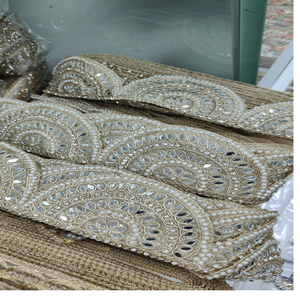 Custom Made in Scalaping Pattern and Mirrpr and Pearl Fixed Machine Embroidered Laces in <b>Colours</b> for Wedding Dresses and Resale. - Product Image 1