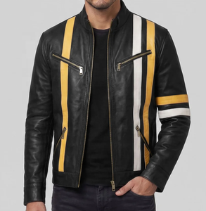 Veste moto en cuir véritable pour homme, col rabattable, fermeture éclair, coupe-vent, style automne, coupe classique, couleur unie - Product Image 2