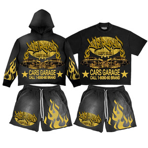 Ropa de calle personalizada chándal algodón lavado con ácido sudaderas con capucha pantalones cortos ropa deportiva verano Jogger 2 piezas pantalones cortos y camiseta conjunto para hombres - Product Image 3