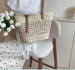 2025 été femmes à la main Vintage rotin décontracté fourre-tout en cuir poignées fermeture à glissière perle arc chaînes Vietnam plage - Product Image 2