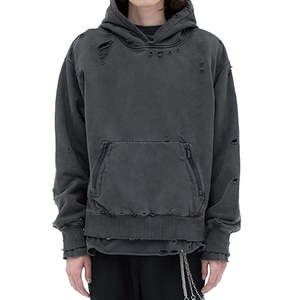 Hoodies à capuche streetwear hip hop personnalisés 100% coton poids lourd surdimensionné vieux lavage pull trou en détresse sweats à capuche vintage - Product Image 1