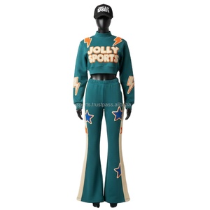 Survêtement pour femme en molleton de coton et polyester de luxe, 330 GSM, design à panneaux contrastés en teal avec logo en chenille surélevé, tailles plus grandes - Product Image 6