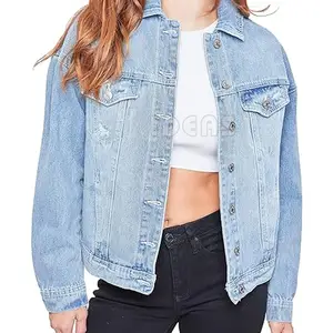 Sıcak satış Denim kot özel Logo ön cepler düğme stil kadın gevşek ucuz fiyat Denim kot ceketler