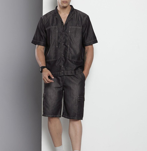 ชุดกางเกงขาสั้นลำลองสำหรับผู้ชายสำหรับฤดูร้อนเสื้อยืดแขนและกางเกงขาสั้นผ้ายีนส์ผ้าถักสวมใส่สบาย - Product Image 2