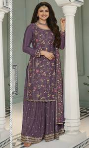 Heavy Chinon Palazzo Suit con impresión digital y bordado de secuencia Salwar Kameez de moda para fiesta y boda - Product Image 6