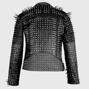 Chaqueta de cuero con tachuelas para mujer, chaqueta de cuero de motorista de estilo Rock personalizada, chaqueta con tachuelas de cuero con tachuelas pesadas plateadas - Product Image 5